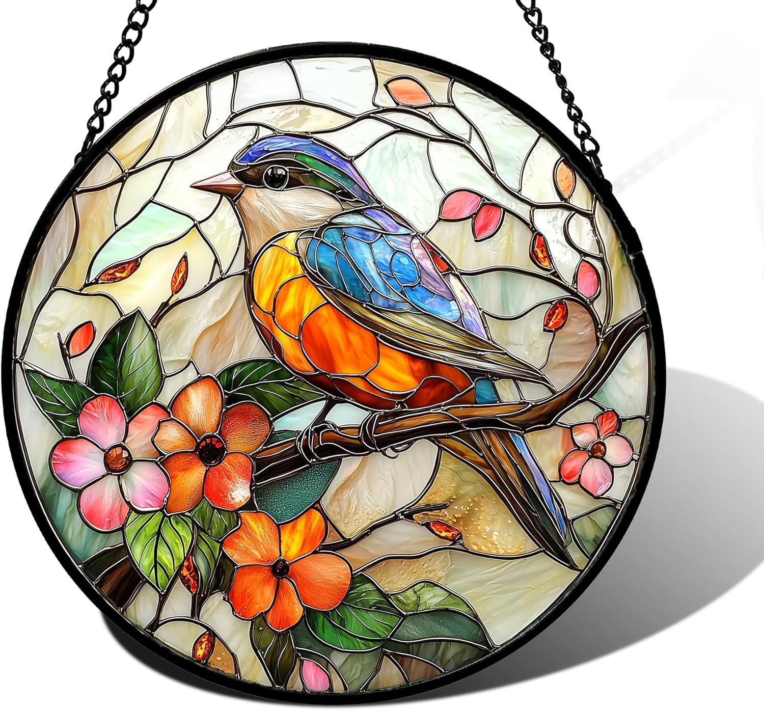 Stained Glass Window Hanging with Blue Bird and Pink Flower