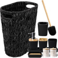 Black Bathroom Accessories Set with Wicker Trash Can - Complete