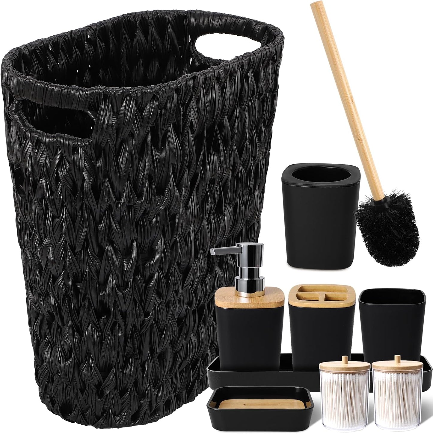 Black Bathroom Accessories Set with Wicker Trash Can for Home