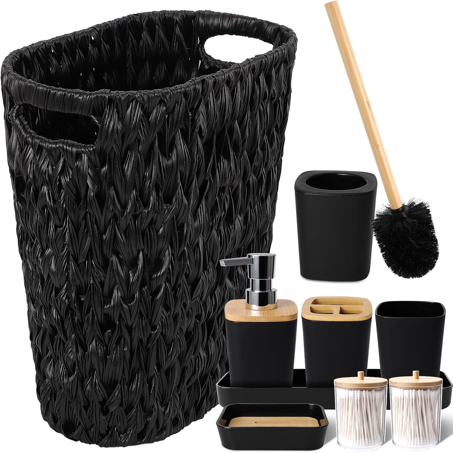 Black Bathroom Accessories Set with Wicker Trash Can for Home