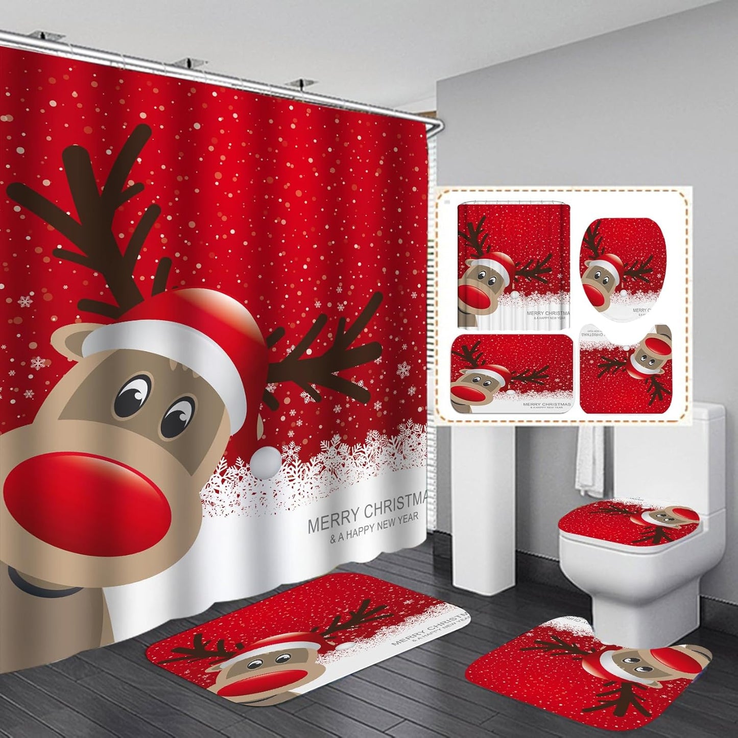Complete Christmas Bathroom Set, 4Pcs with Shower Curtain & Accessories