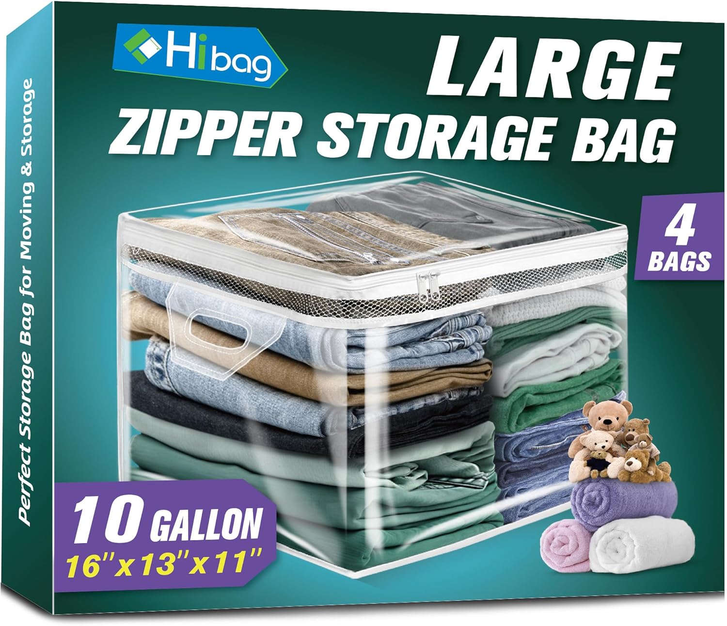 HIBAG 10 Gallon Large Storage Bags for Clothes - 4 Pack