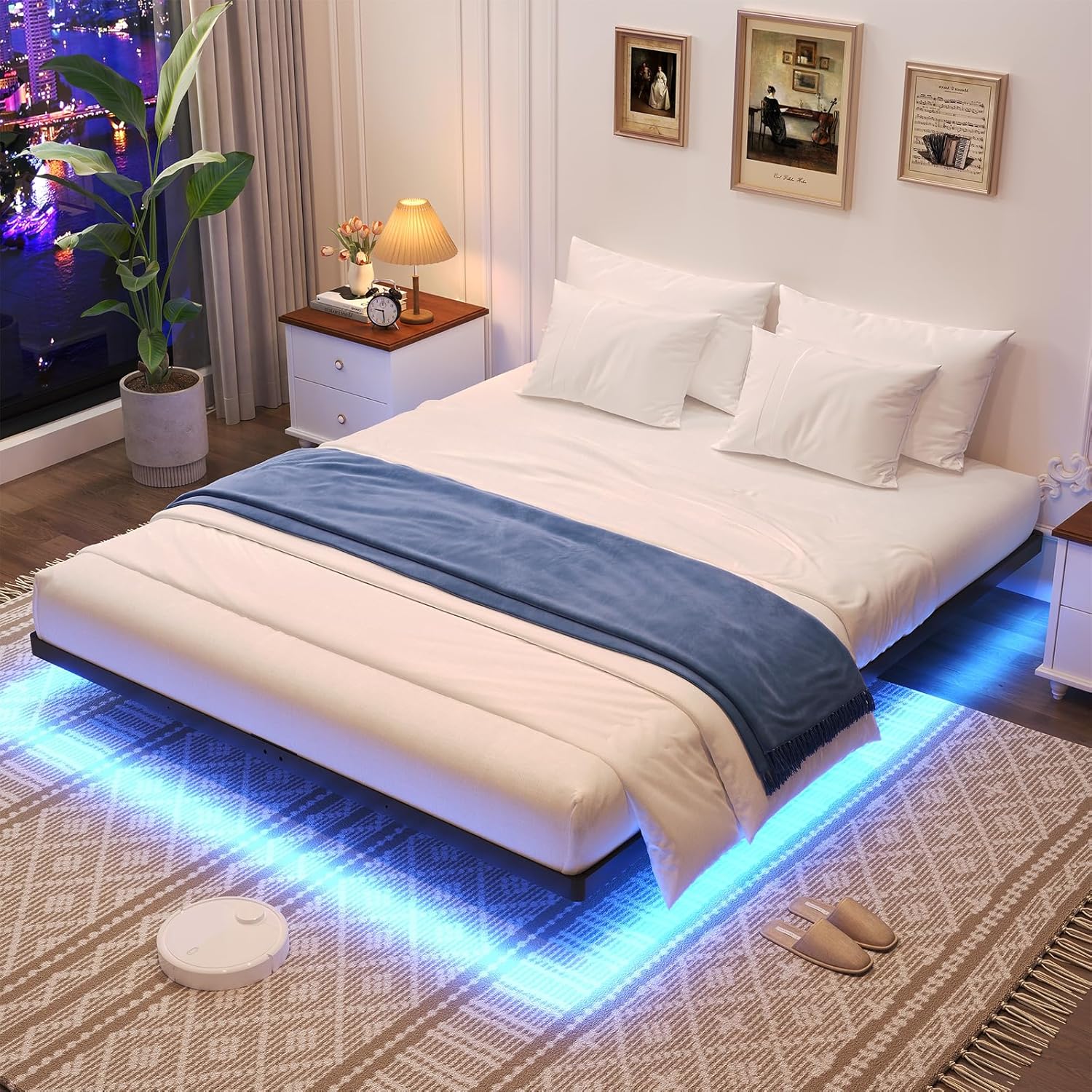 Floating Bed Frame Queen Size with Smart LED Lights for Comfort