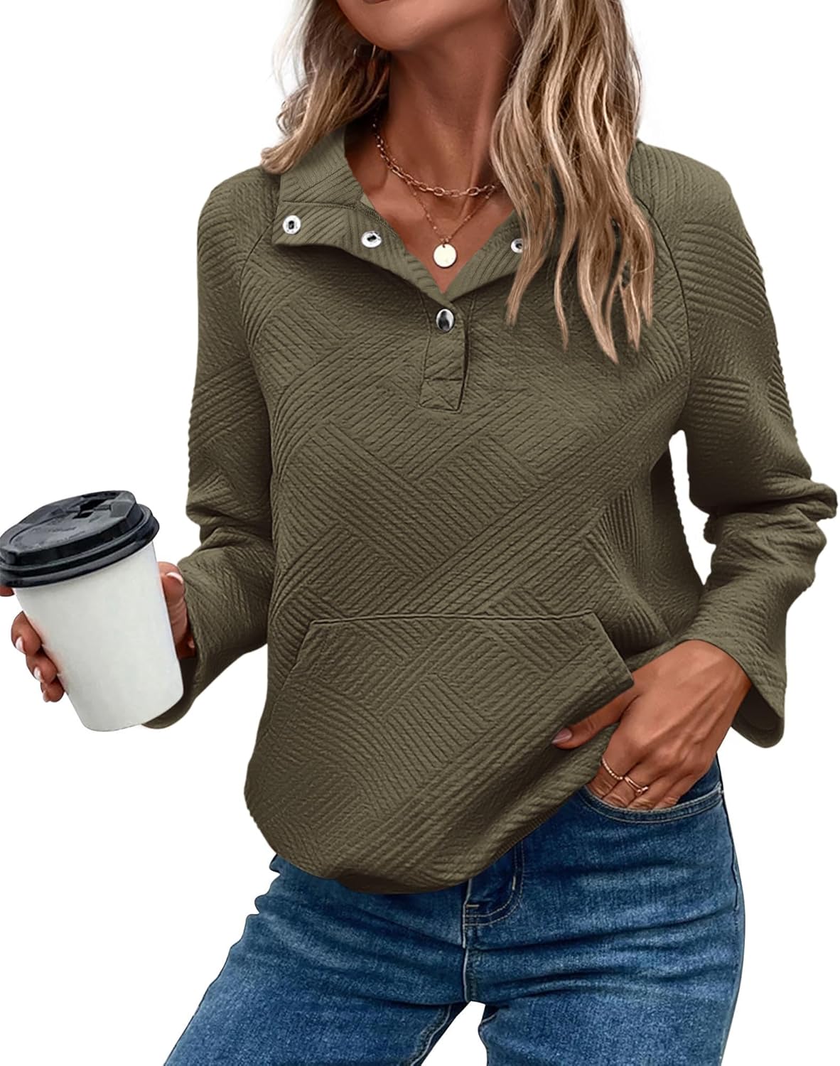 KIRUNDO Womens Casual Textured Long Sleeve Henley Pullover