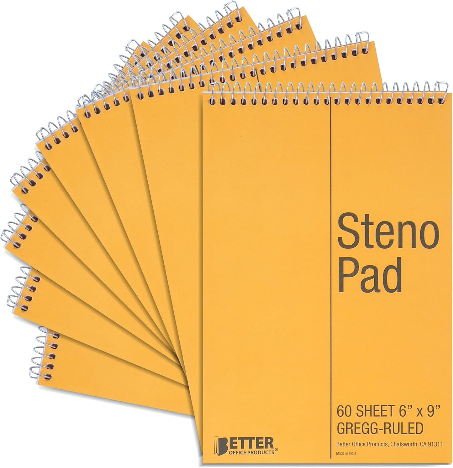 8 Pack Spiral Steno Pads, Gregg Rule, 6x9, 60 Sheets