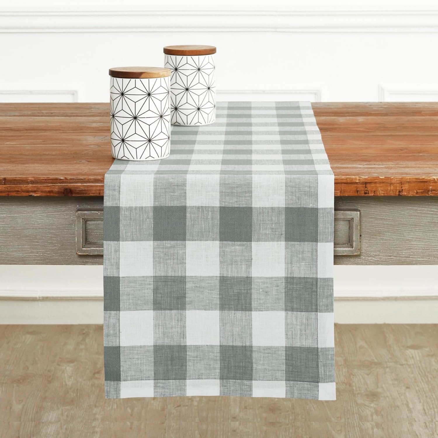 Checkered Table Runner 120 Inches Long - Pure Linen Grey White