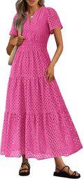 PRETTYGARDEN Womens Summer Maxi Dress V Neck Eyelet - Flowy A Line