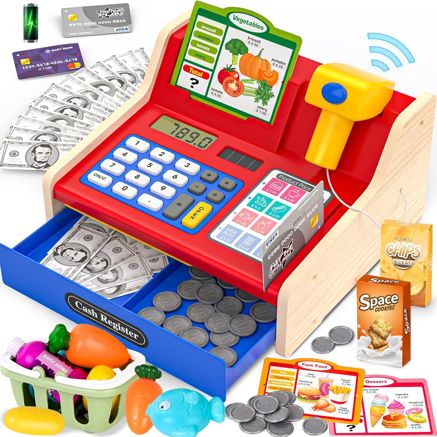 Rechargeable Wooden Cash Register for Kids - Fun Pretend Play