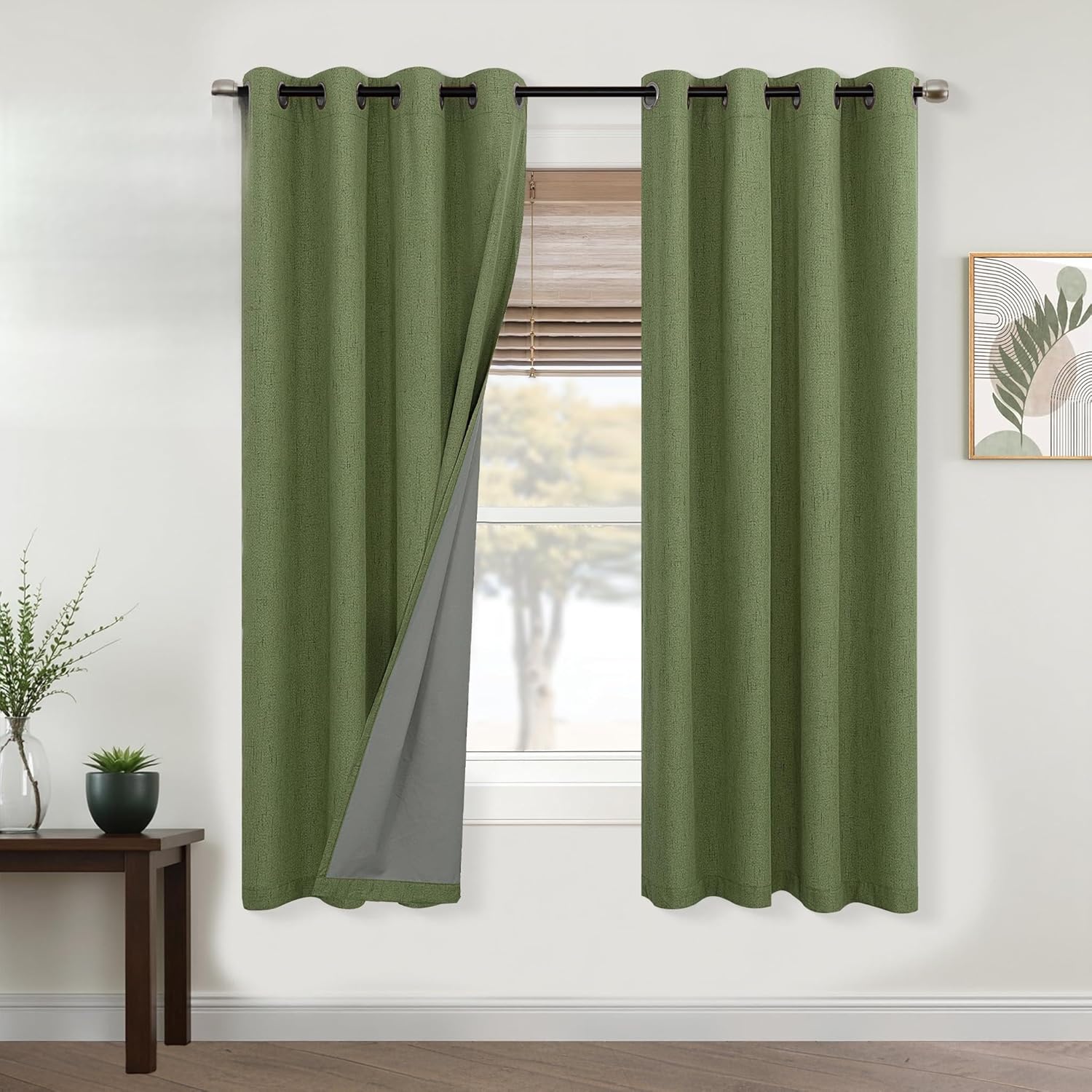 Mrs.Naturall Olive Green Grommet Linen Blackout Curtains 52x63