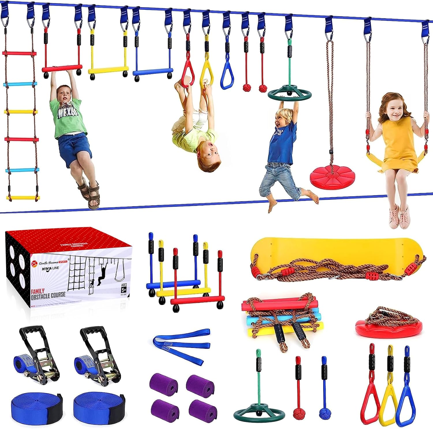 2x65 FT Ninja Warrior Obstacle Course for Kids with 13 Accessories