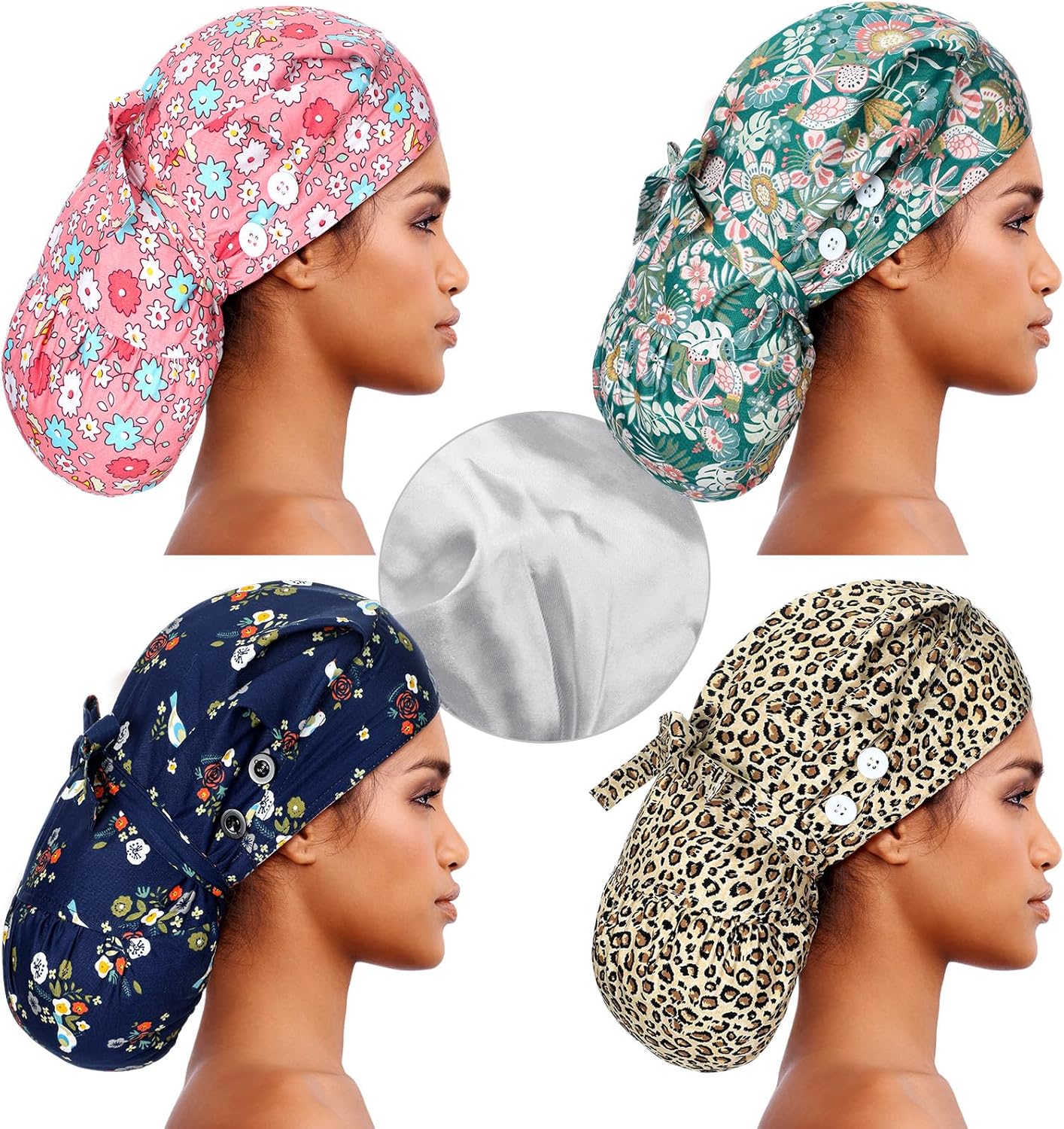 4 Pcs Extra Large Satin Lined Scrub Caps for Women Long Hair