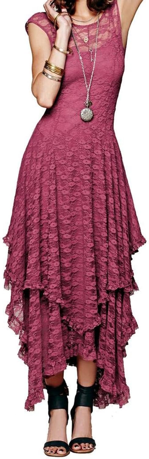 R.Vivimos Womens Sleeveless Backless Asymmetrical Lace Dress