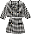 WDIRARA Girl's Houndstooth 2 Piece Tweed Jacket and Skirt Set Jewelry