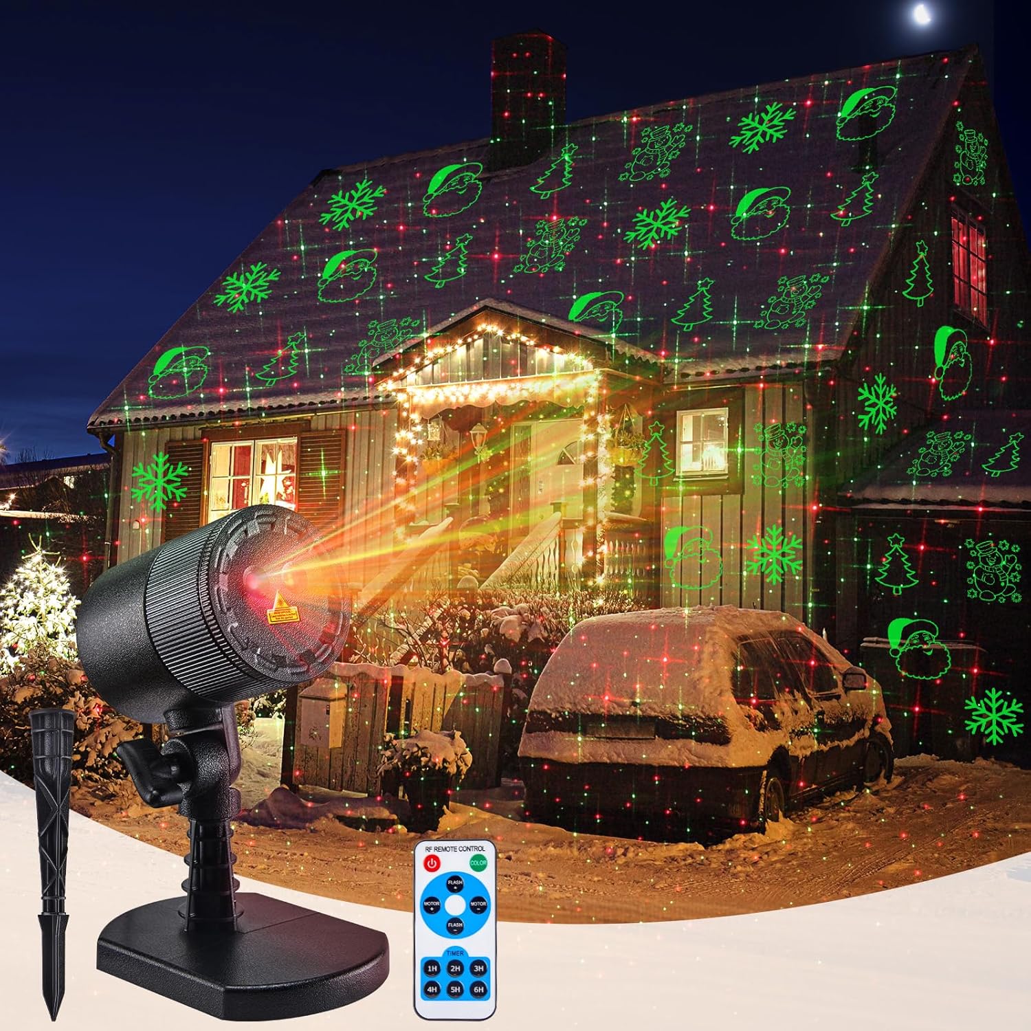 Christmas Laser Lights - 8 Patterns, Waterproof, Timer, Flash Mode, Red+Green - Minetom