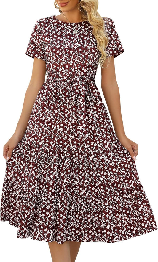 Lyrur Women's Casual Summer Tiered Midi Dress with Pockets