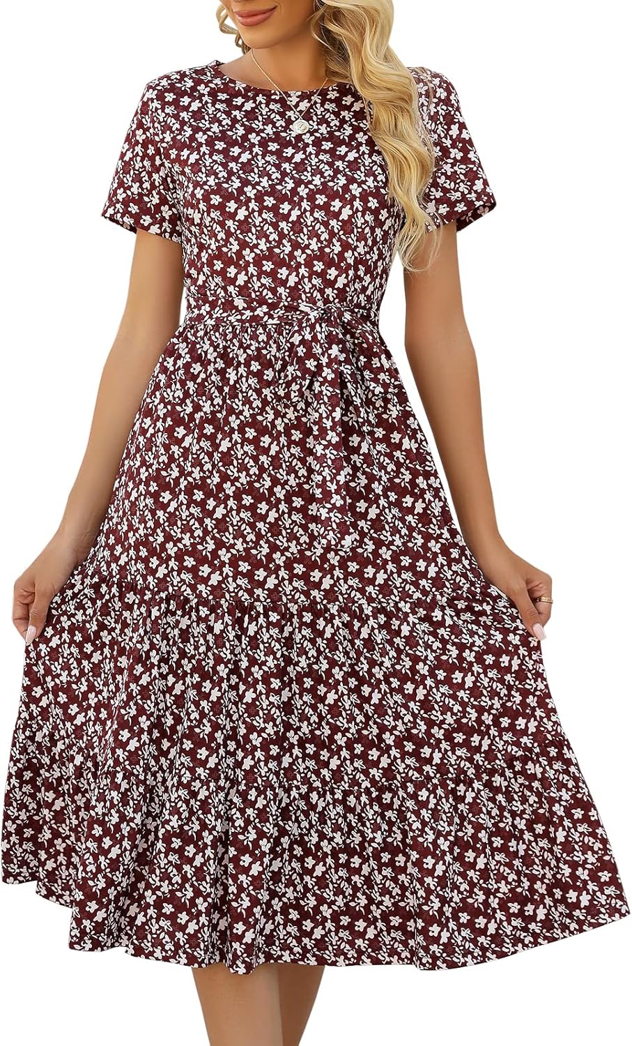 Lyrur Women's Casual Summer Tiered Midi Dress with Pockets