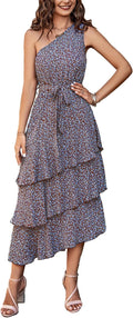Women's Summer Floral One Shoulder Midi Sundress - Flowy Boho Look