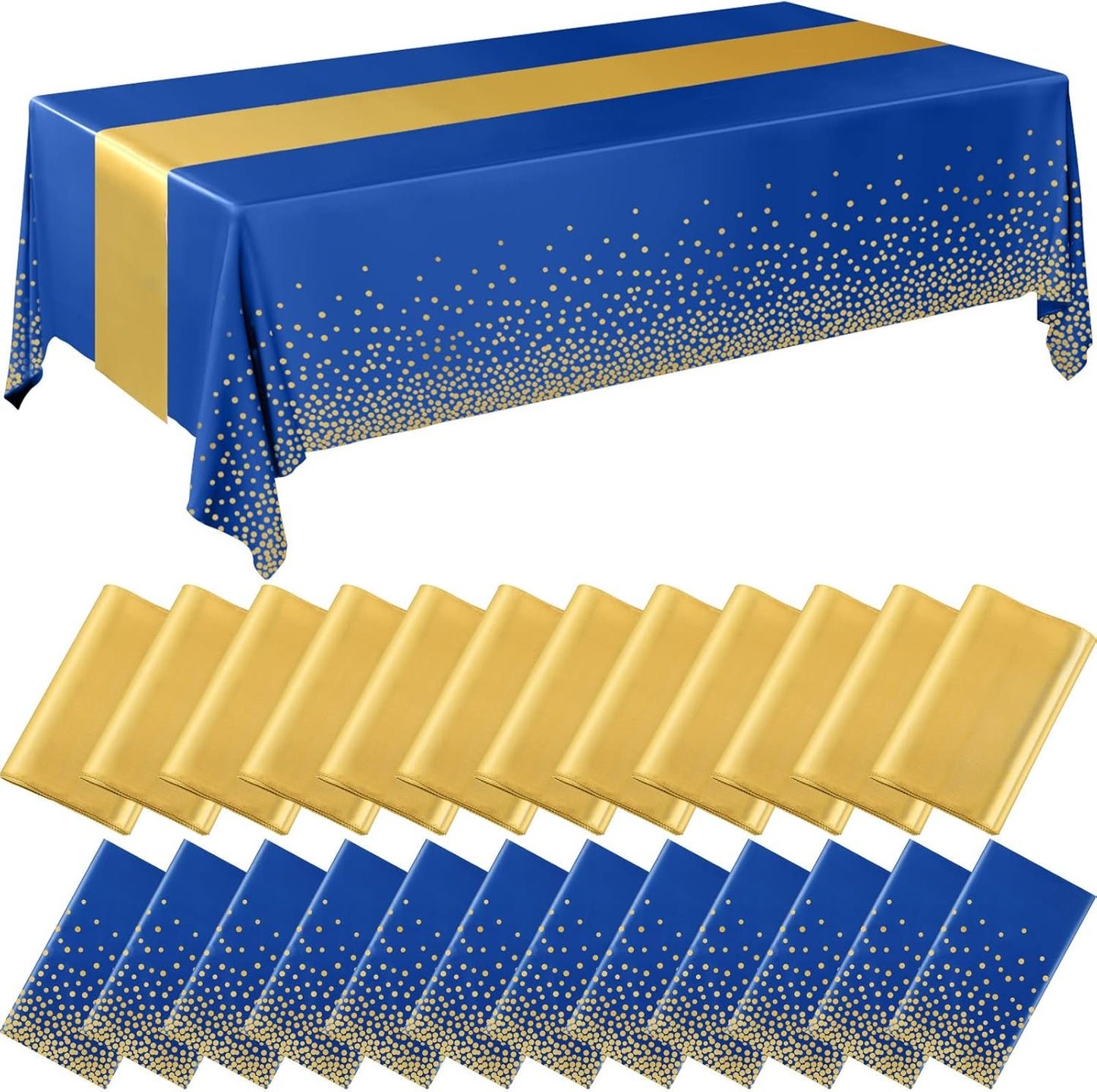 Navy Blue and Gold Disposable Tablecloths and Runners Set