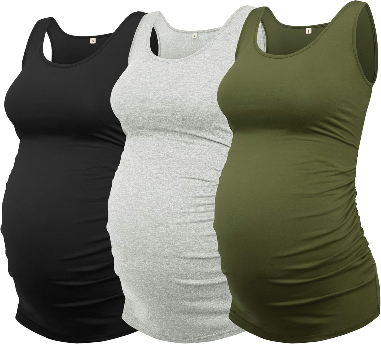 Women's Maternity Tank Top 3 Pack with Ruched Sides for Comfort