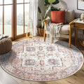 Round Rug 4ft Area Rug - Machine Washable Vintage Floral Low-Pile