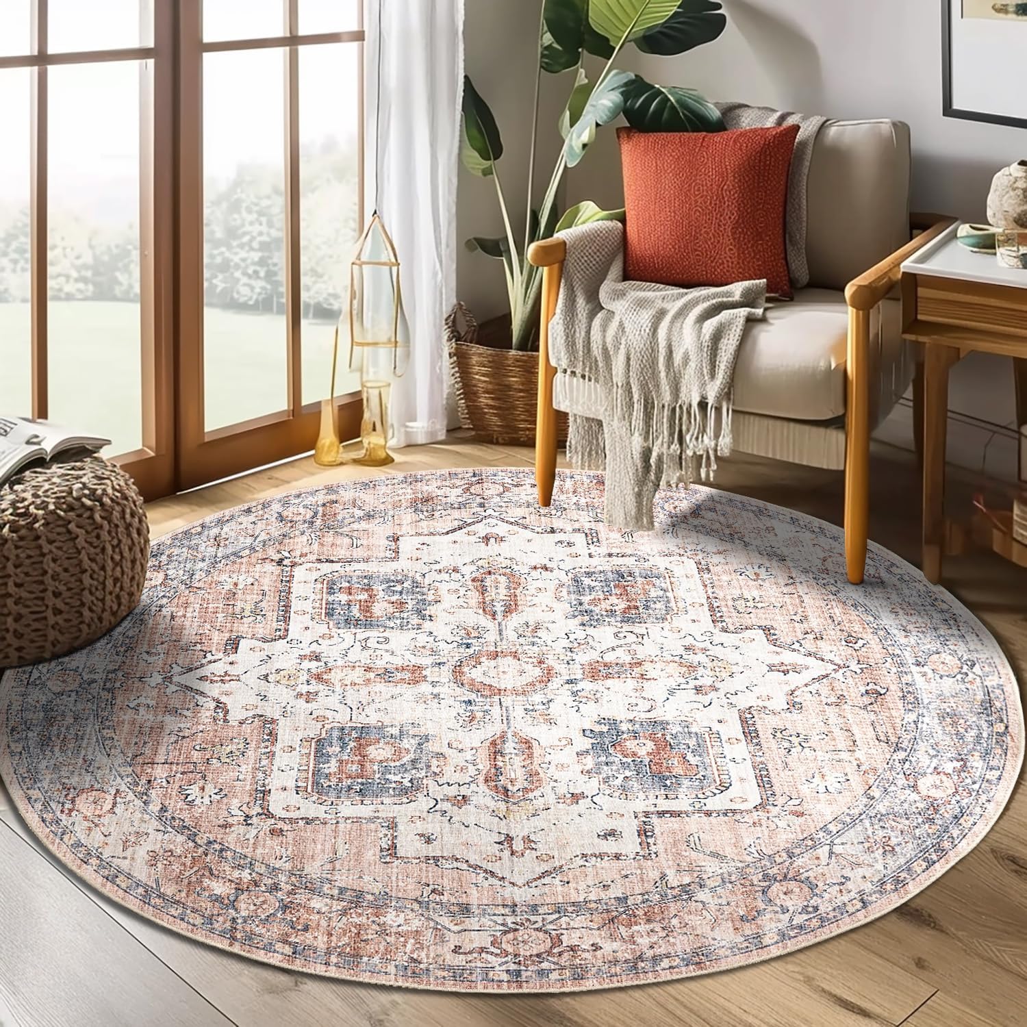 jinchan Round Rug 4ft Area Rug - Vintage Floral Non-Slip Design