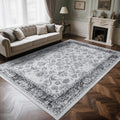 8x10 Washable Vintage Floral Area Rug - Grey Low Pile Non-Slip
