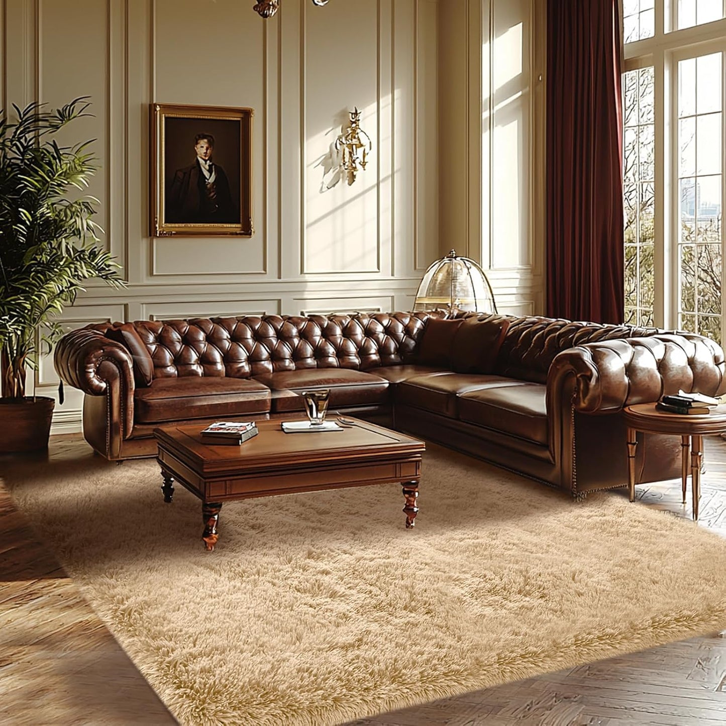 Fluffy Beige Bedroom Area Rug: Ultra Soft Non-Slip Carpet