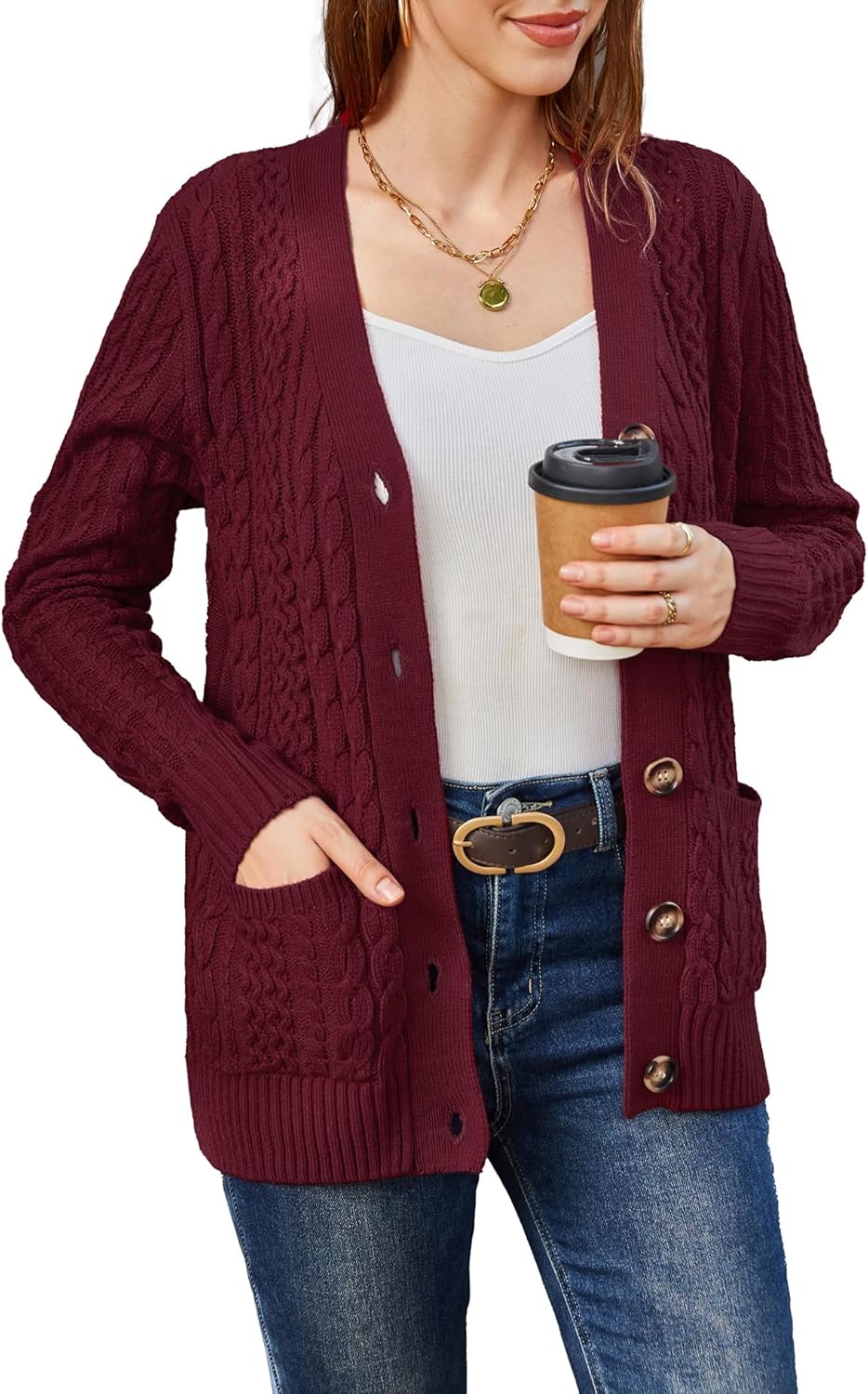 Womens Cardigan Sweaters Cable Knit Open Front with Pockets