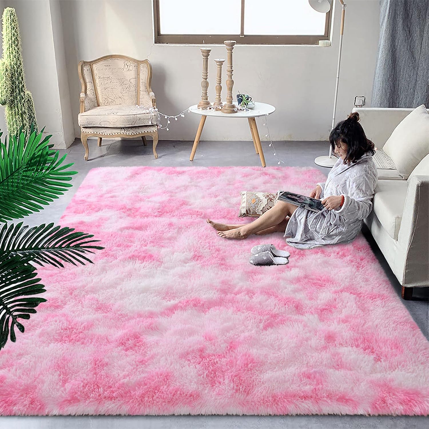 DweIke Fluffy Pink White Rugs for Bedroom and Living Room