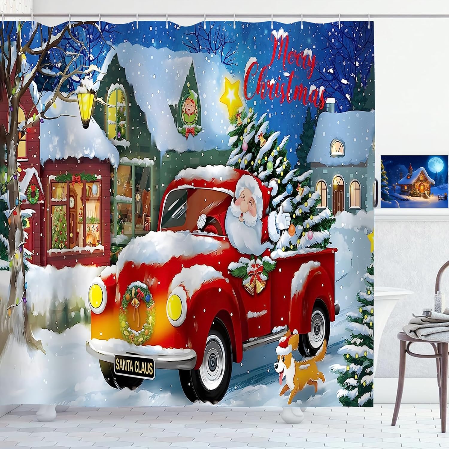Cheerful Christmas Shower Curtain Set 72x72 with 12 Hooks