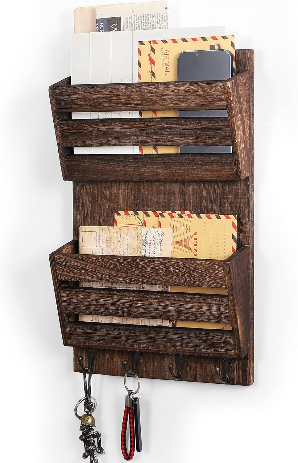 Rustic Wood Mail Holder with Key Hooks