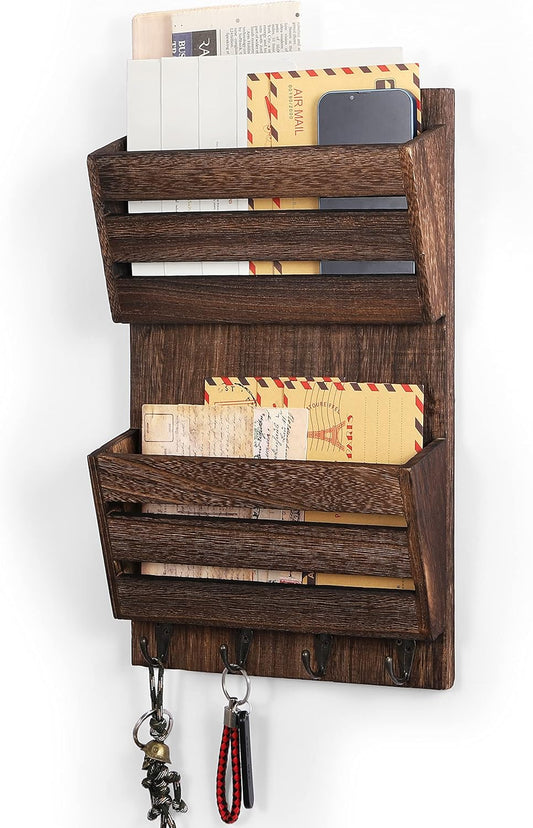 Rustic Wood Mail Holder with Key Hooks