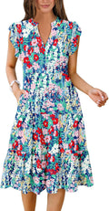 Womens Summer Ruffle Sleeve V Neck Midi Dress - Fit Flowy Boho