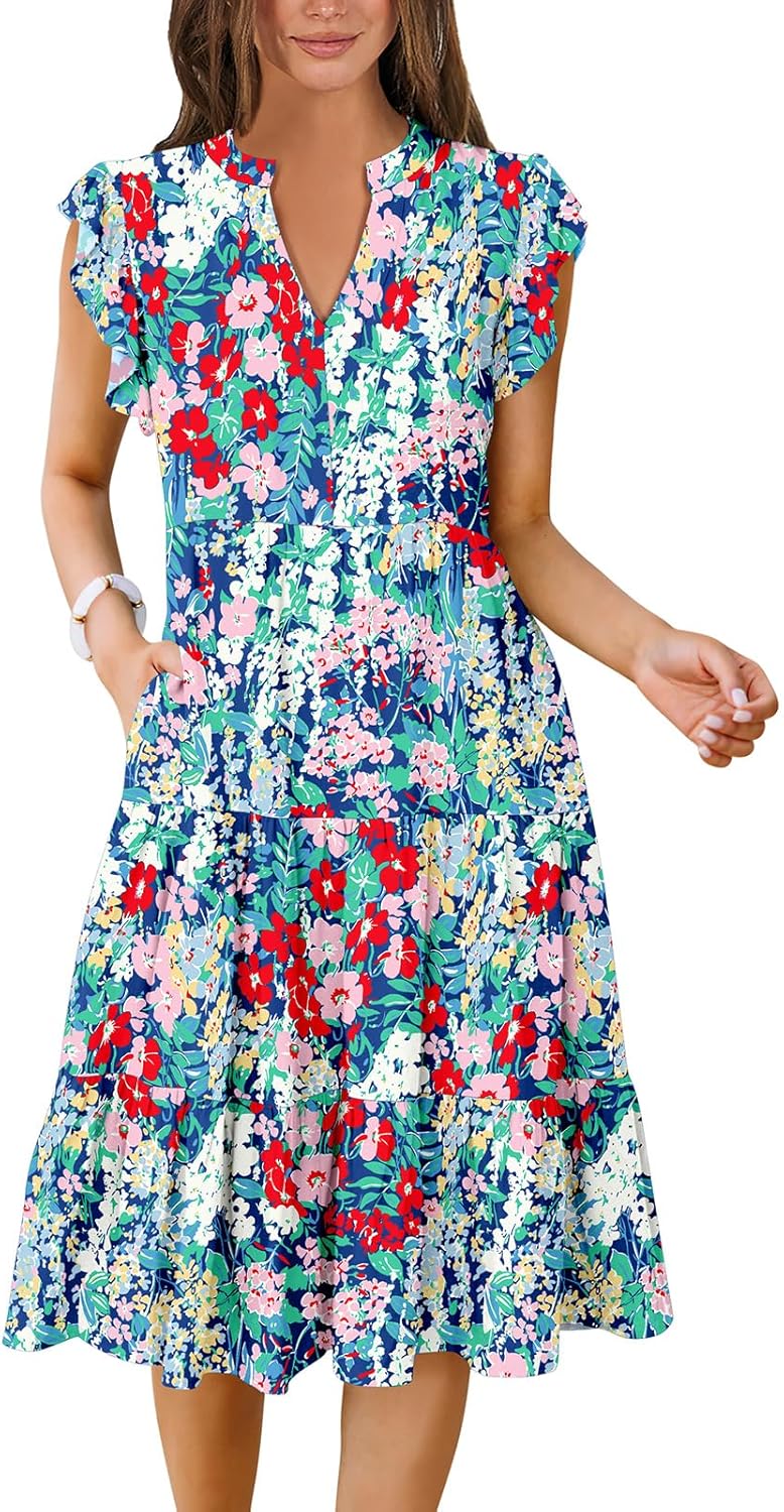 Womens Summer Dress Ruffle Sleeve V Neck Midi Casual Sundress