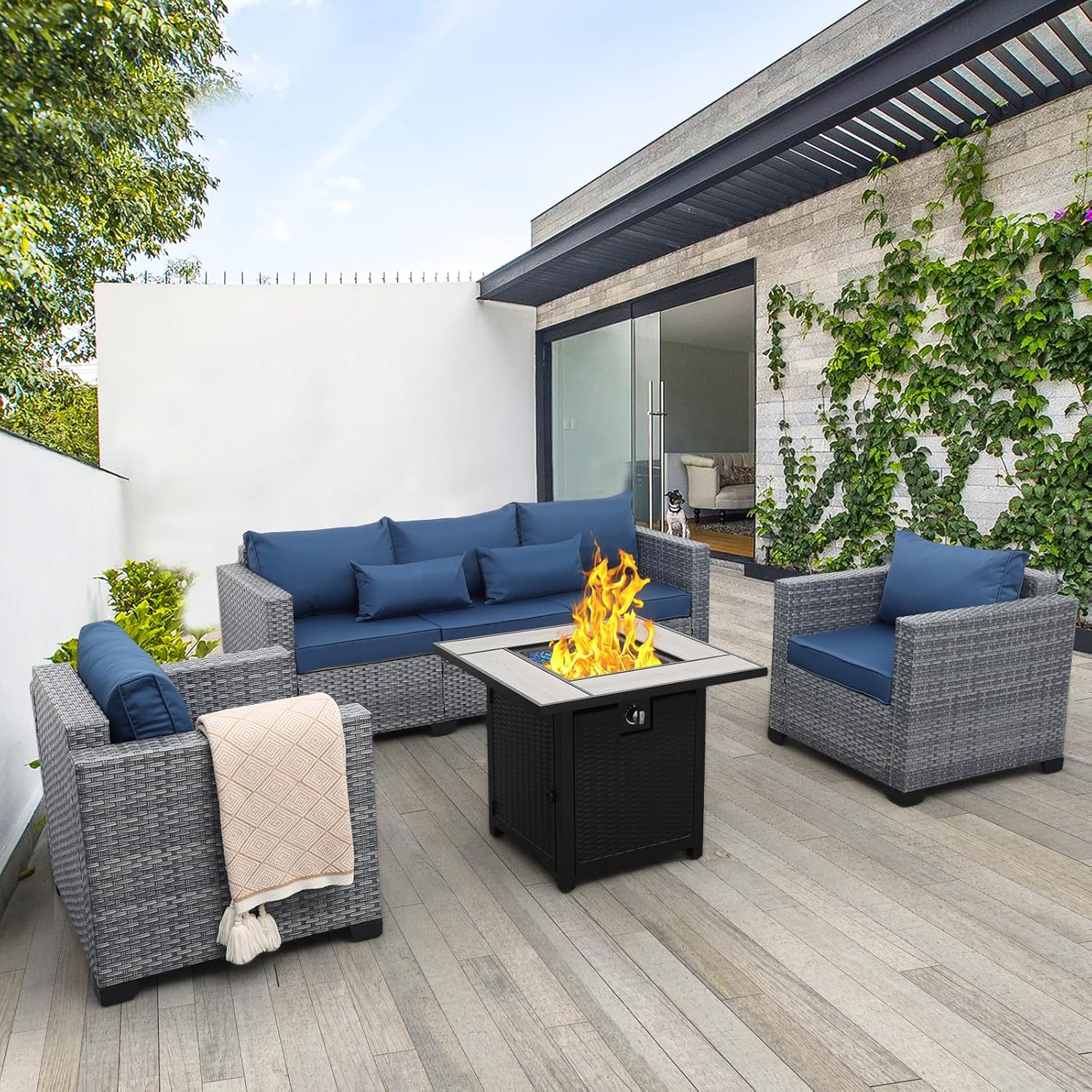 4 Piece Wicker Patio Furniture Set with Fire Pit Table Comfort