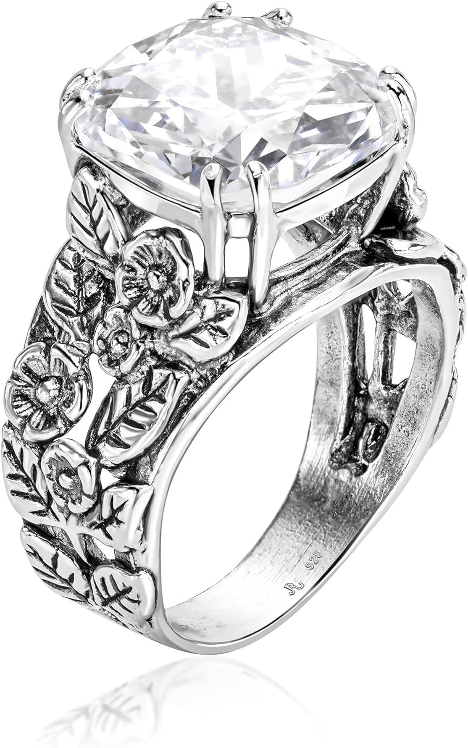 925 Sterling Silver Floral Leaf Ring with Cushion Cubic Zirconia
