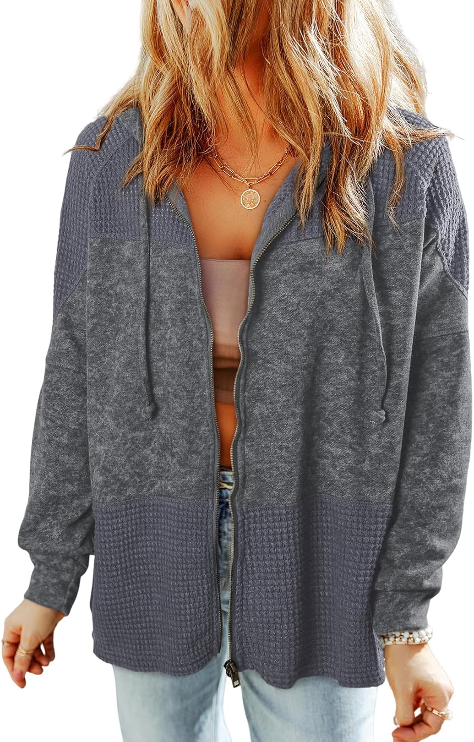 Dokotoo Waffle Knit Hoodies for Women Zip Up Casual Jackets