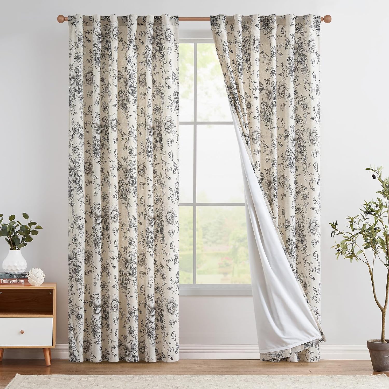 Elegant Floral Linen Blend Curtains for Living Room 90 Inches