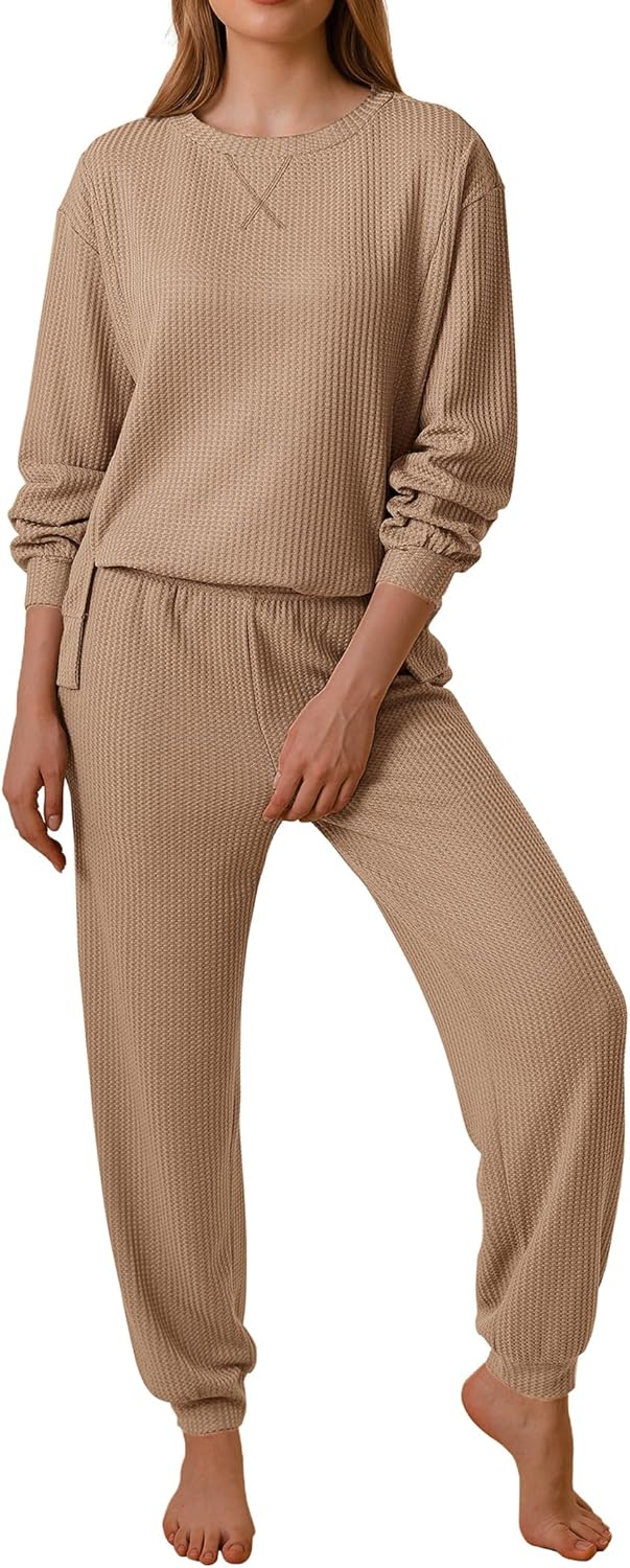 Ekouaer Waffle Knit Lounge Sets for Women Long Sleeve Pajamas