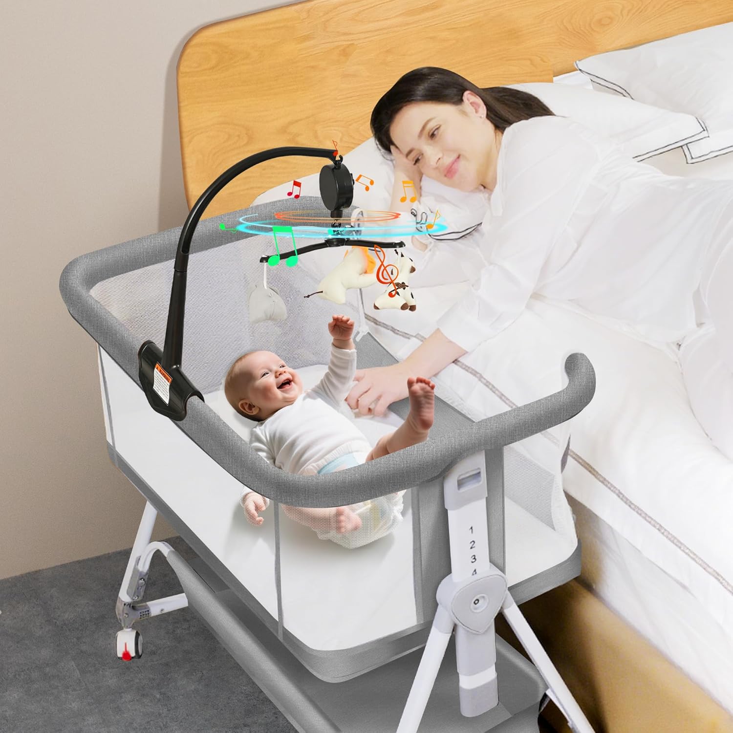 3 in 1 Baby Bassinet Bedside Sleeper with Musical Toy and Storage