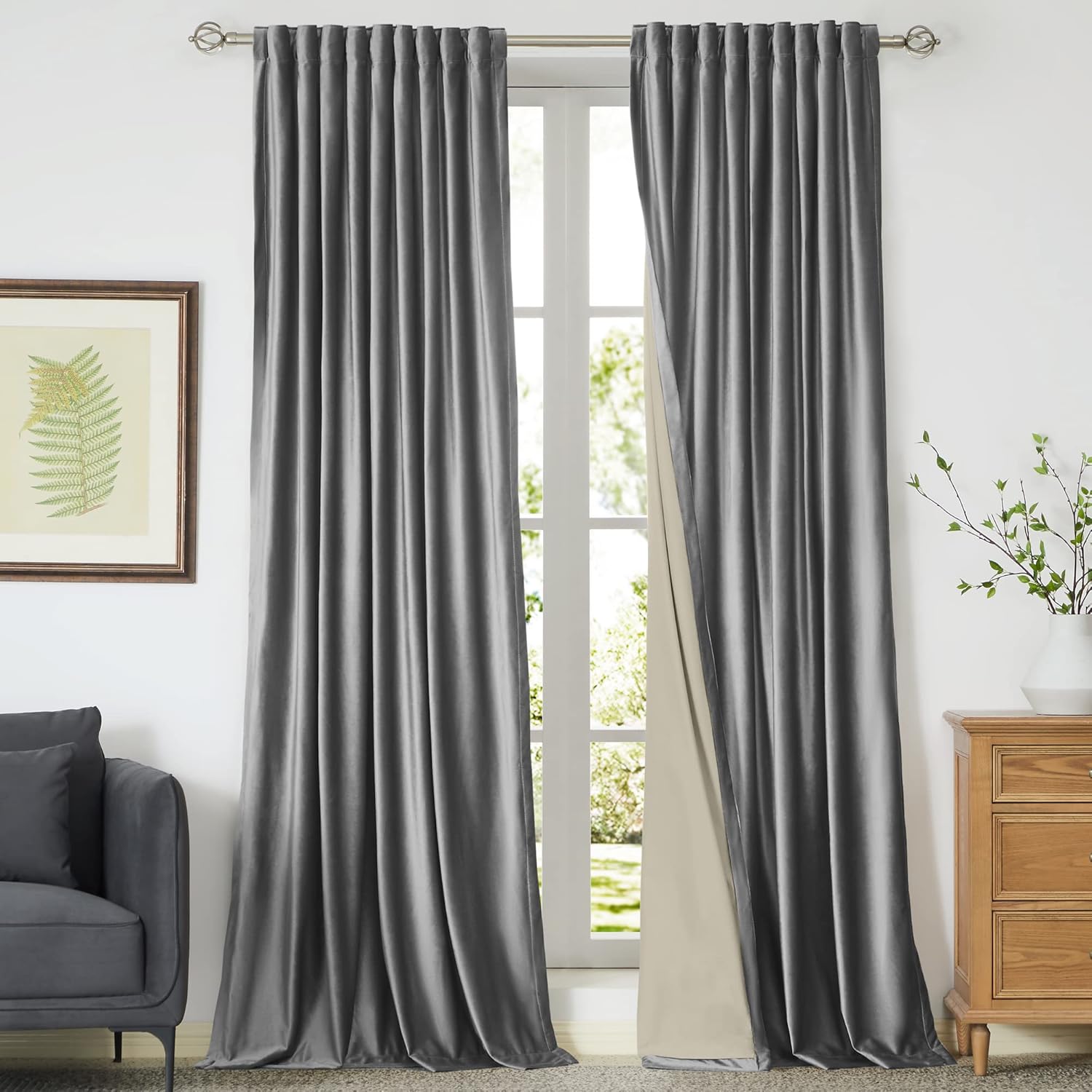 100% Blackout Grey Velvet Curtains for Living Room & Bedroom
