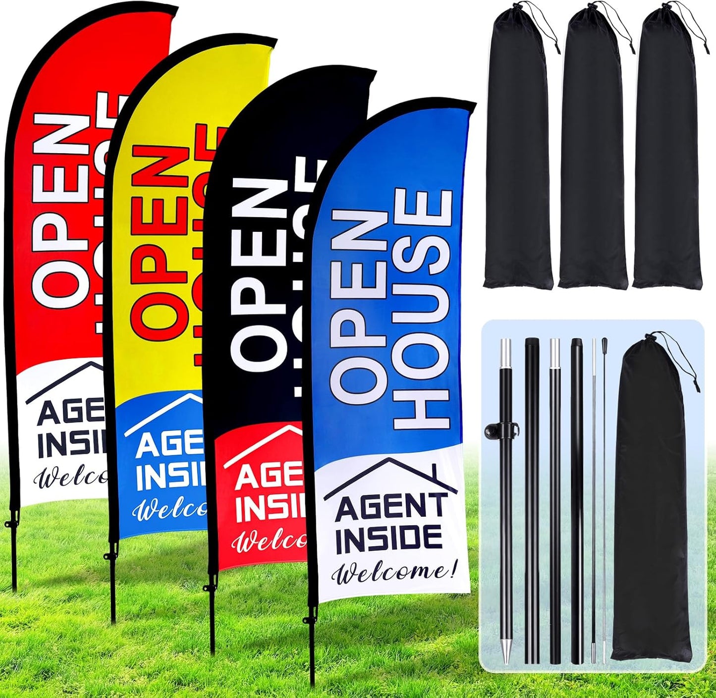 Open House Flags Signs for Real Estate Agents - 4 Pack Set