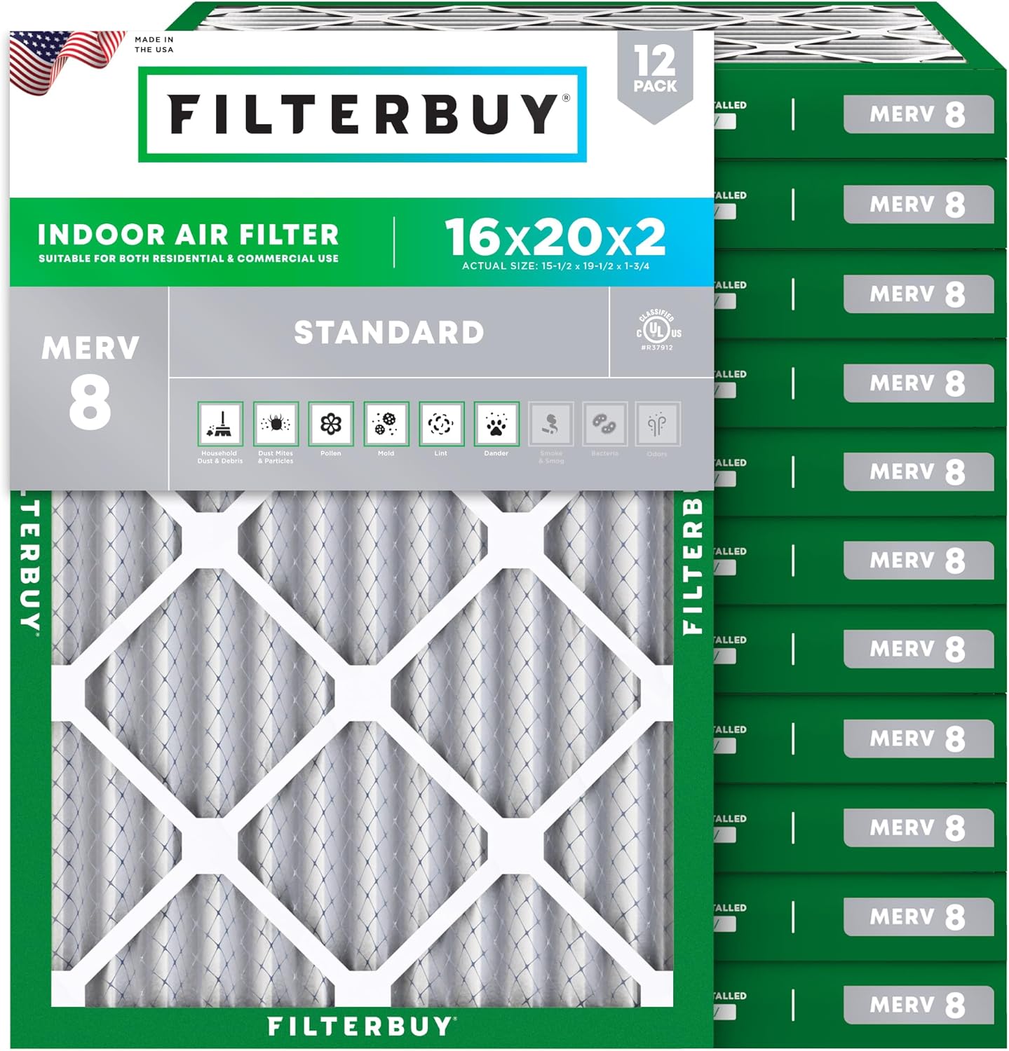 Filterbuy 16x20x2 Air Filter MERV 8 for Dust and Allergies