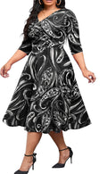 CLOCOR Women's Plus Size Midi Dress V Neck 3/4 Sleeve (Style DNTJ)