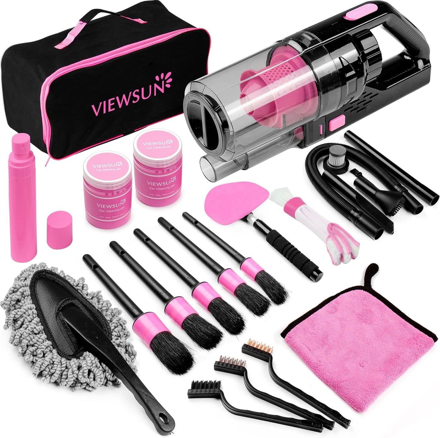 Pink Car Cleaning Kit by Viewsun: High Power Vacuum & Accessories