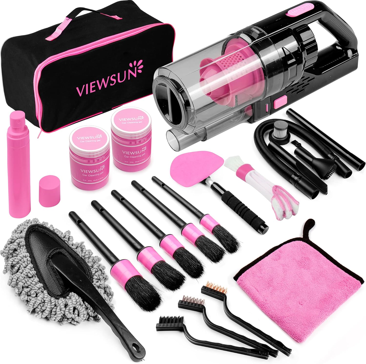 Pink Car Cleaning Kit by Viewsun: High Power Vacuum & Accessories
