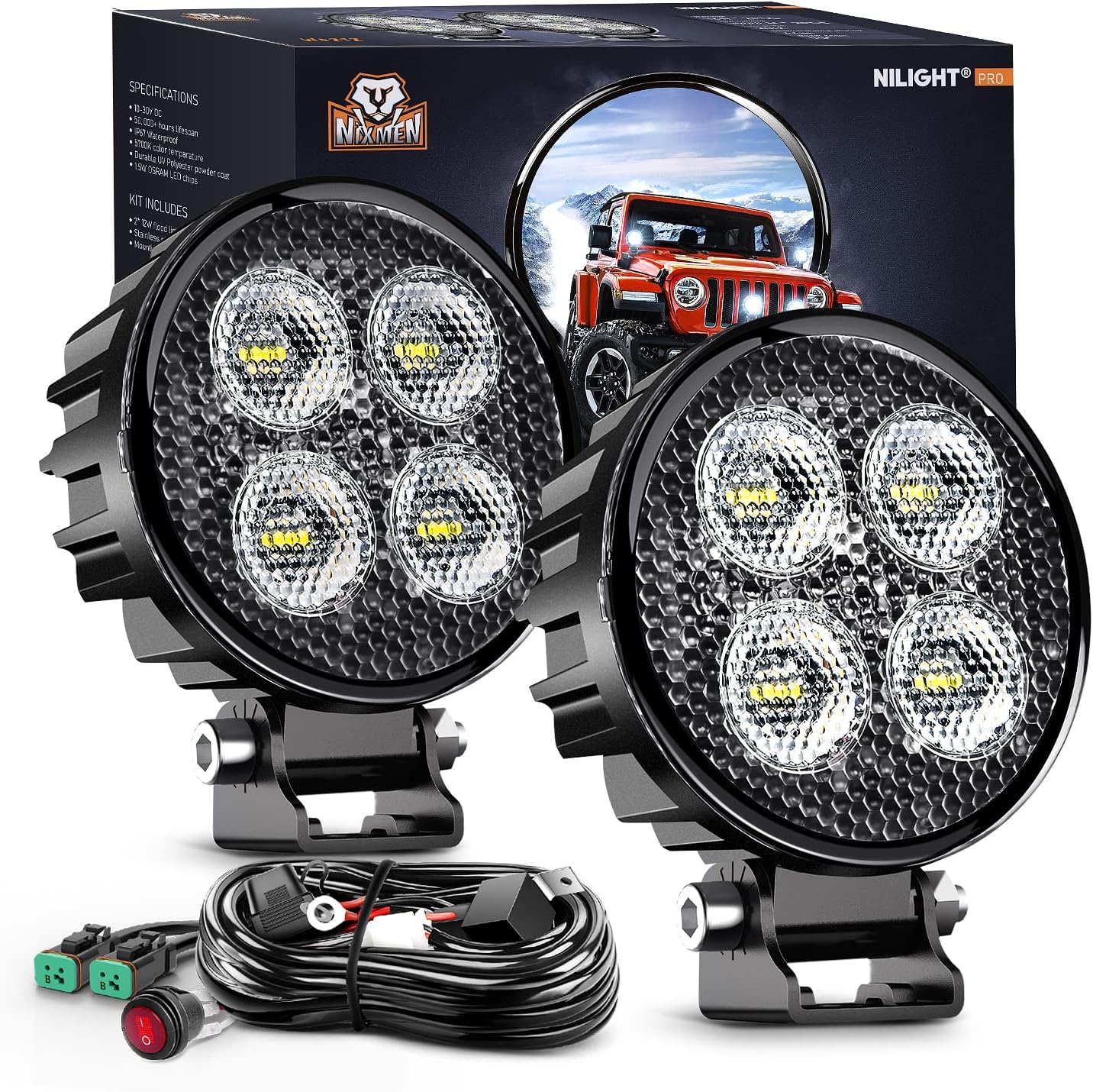 Nilight 3 Inch LED Pods Round 1500LM Work Light for Offroad Use