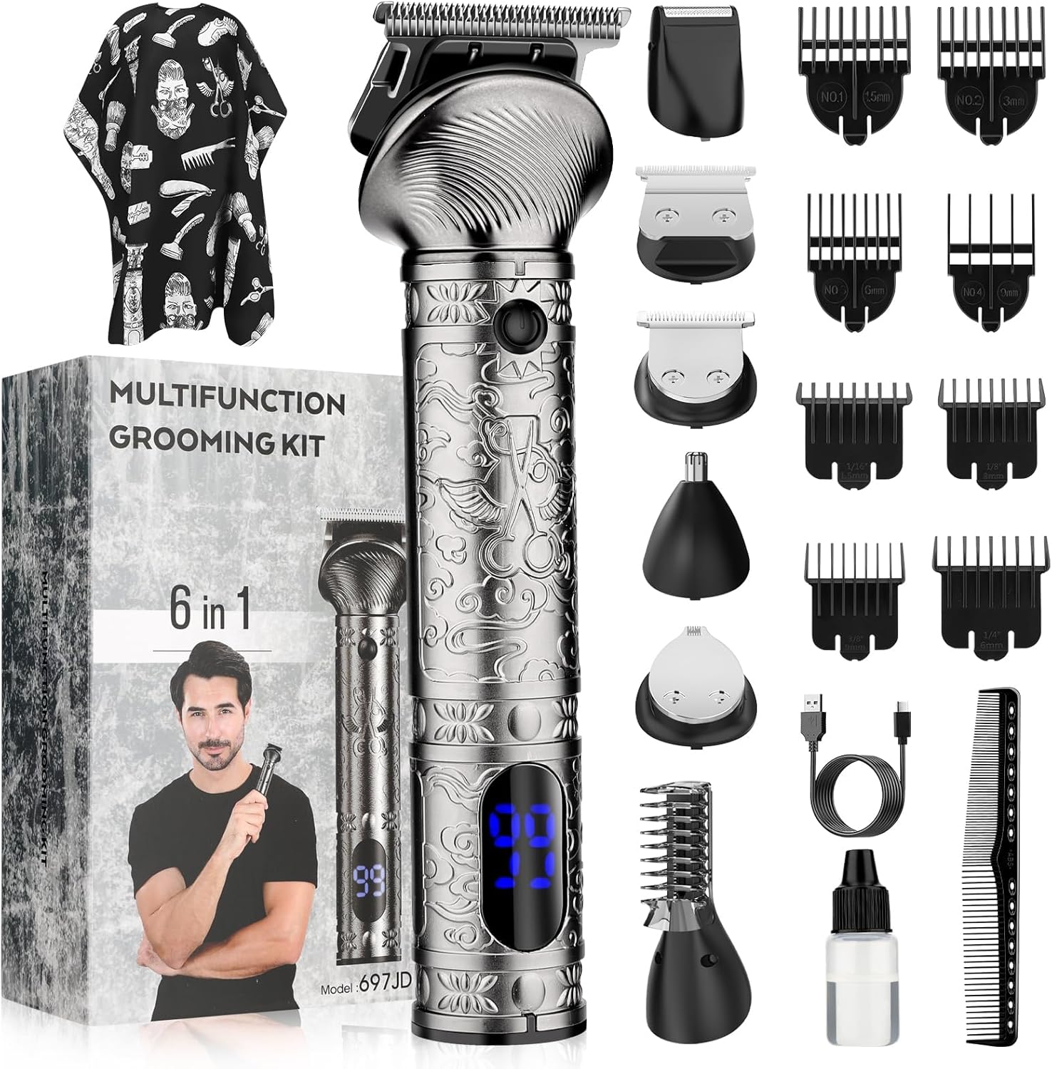6 in 1 Beard Trimmer for Men - Professional Grooming Kit