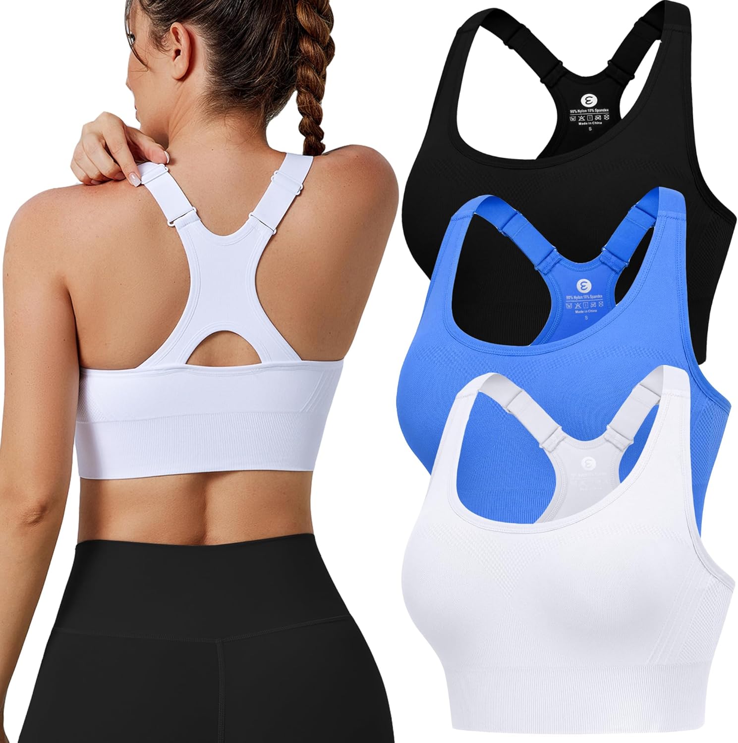 Evcute Adjustable Sports Bras for Women High Support 3/4 Pack