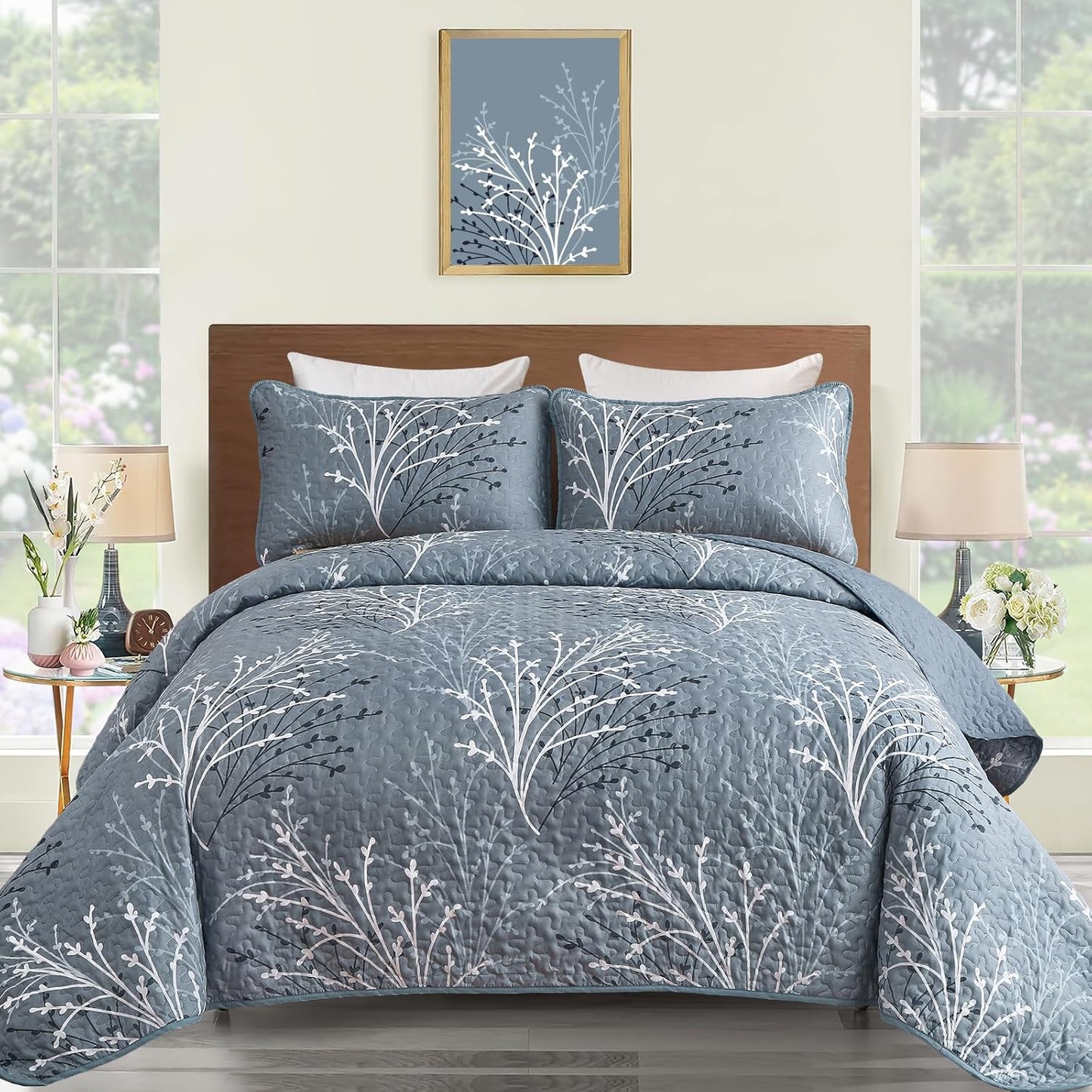 DJY Blue Branch Floral Quilt Set Queen Size for All Seasons
